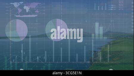 Projecting data dashboard overlay on coastal shoreline, showing charts, world map, grids and panels Stock Photo