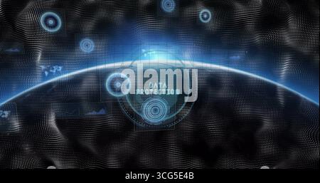 Displaying planet horizon revealing grid in orbit, with interface rings and data protection label Stock Photo