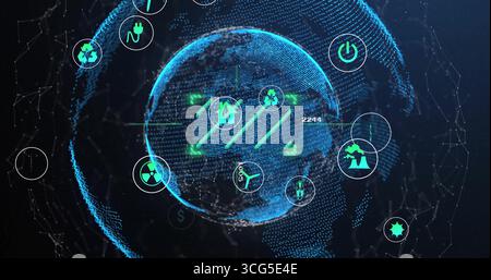 Rotating glowing digital globe in cyberspace, with grid lines arrows and energy icons Stock Photo