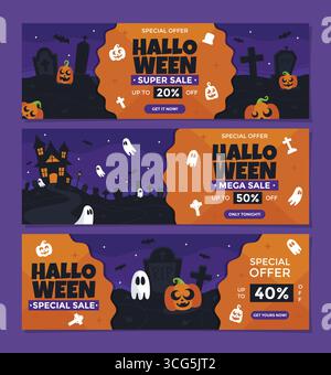 Halloween horizontal banner set with pumpkins, ghosts, and graveyard silhouette on purple night sky Stock Vector