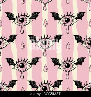Retro Halloween Monster Flying Eye Seamless Pattern Vector Background Vintage With Crying Eyeball And Bat Wing Stock Vector