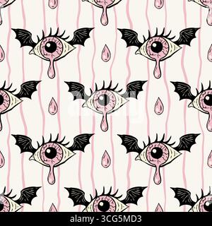 Retro Halloween Monster Flying Eye Seamless Pattern Vector Background Vintage With Crying Eyeball And Bat Wing Stock Vector