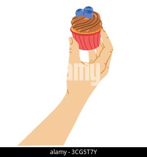 Human hand holding cupcake with blueberry and cream. Holiday dessert vector illustration with gesture isolated on white background. Stock Vector