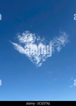 Blue sky with cloud formation looks like one giant form of flight. It’s a dove, bird, holy spirit, airplane, arrow, wing, heart in white cloud skies. Stock Photo