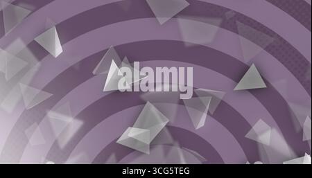 Floating cluster of translucent triangles drifting across purple rings, with halftone dot texture Stock Photo