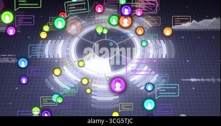 Displaying HUD tracking data in interface with chat-bubbles avatars panels waveforms code on grid Stock Photo