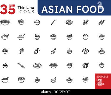 Asian Food Thin Line Icons Set – 35 Editable Vector Symbols of Sushi, Noodles, Dumplings, Rice, Chopsticks Stock Vector