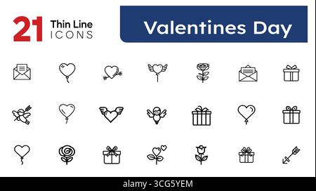 Valentine’s Day Thin Line Icons Set – 21 Editable Vector Symbols of Love, Hearts, Romance, Gifts, Celebration Stock Vector