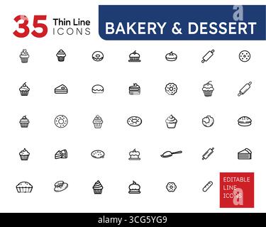 Bakery and Dessert Thin Line Icons Set – 35 Editable Vector Symbols of Cakes, Bread, Pastries, Donuts Stock Vector
