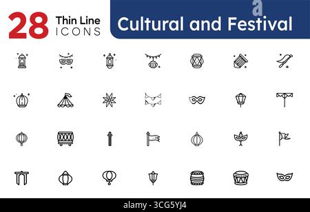 Cultural and Festival Thin Line Icons Set – 28 Editable Vector Symbols of Traditions, Celebrations, Holidays Stock Vector