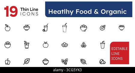 Healthy and Organic Food Thin Line Icons Set – 19 Editable Vector Symbols of Fruits, Vegetables, Natural Diet Stock Vector