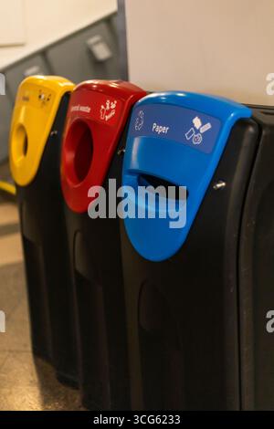 Three color-coded waste bins for trash, compostables and recycle lined ...