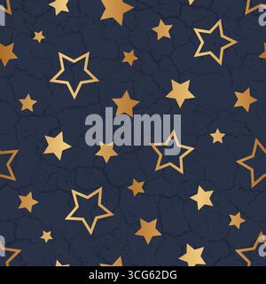 Star seamless pattern. Repeating big, small gold stars on blue background. Golden design print. Repeated starry texture. Сute shape prints. Repeat Stock Vector