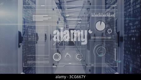 Stretching symmetrical corridor displaying server racks and digital UI overlay in data center Stock Photo