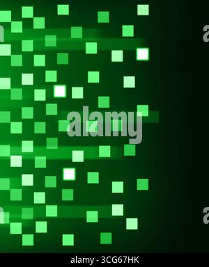 Abstract square pattern with glowing green blocks on dark background Stock Photo