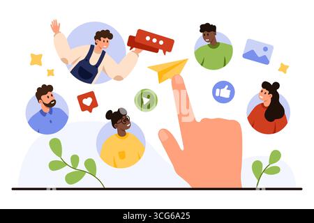 Hand pointing at paper plane surrounded by diverse people avatars, chat bubbles, social media icons, and multimedia symbols for communication, messaging, and networking isolated on white background vector illustration Stock Vector