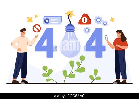 Creative error 404 page not found concept with people, warning icons, broken lightbulb, gears, and digital elements for website or app troubleshooting vector illustration Stock Vector