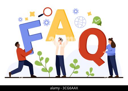 Three diverse characters holding big FAQ letters with icons like magnifying glass, gears, globe, and checkmark for help center, support, or information page isolated on white background vector illustration Stock Vector