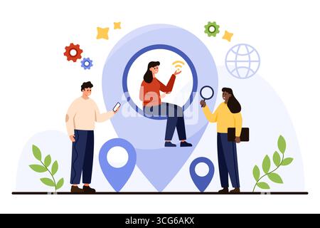 Modern users interact with geotag navigation tools, showing teamwork, location search, and digital connectivity for travel, business, or map services isolated on white background vector illustration Stock Vector