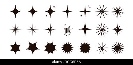 Stars of different shapes icon set, black design elements of bright light sparkles and shines, starburst. Geometric stars twinkle and glow, simple minimal sparks bling and flare vector illustration Stock Vector