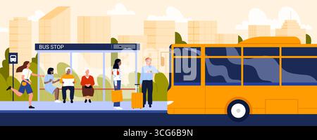People waiting public transport at bus stop. Diverse of passengers sitting with newspaper on bench, standing roadside with suitcase and bag to wait, running late for bus cartoon vector illustration Stock Vector
