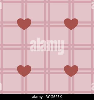 Seamless vector pattern featuring a delicate blush pink grid overlaid with scattered terracotta hearts, creating a romantic and minimalist design idea Stock Vector