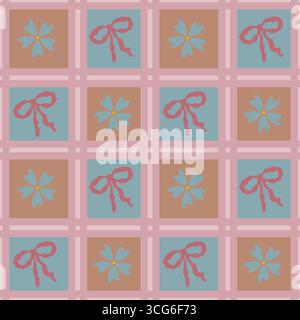 Seamless vector pattern featuring a delicate interplay of stylized flowers and bows, arranged in a grid like structure with pastel hues of dusty rose, Stock Vector