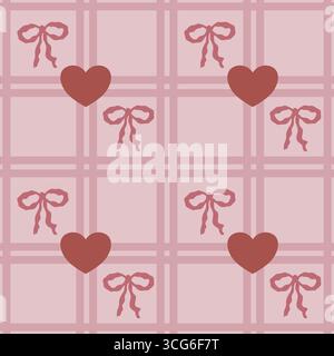 Seamless vector pattern featuring a delicate blush pink grid overlaid with charming terracotta hearts and stylized bows, creating a romantic and subtl Stock Vector