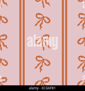 Seamless vector pattern with stylized terracotta bows and dusty rose vertical stripes, creating a minimalist and elegant design perfect for various ap Stock Vector