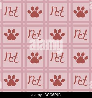 Seamless vector pattern with repeating stylized Pet lettering and paw prints on a soft pink background, featuring a delicate grid overlay for a charmi Stock Vector