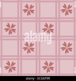 Seamless vector pattern with stylized pink flowers arranged in a grid on a light pink background, featuring a subtle plaid overlay for a unique textur Stock Vector