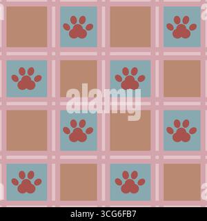 Seamless vector pattern featuring a grid of pastel squares, alternating between beige and teal, each containing a stylized red paw print, creating a p Stock Vector