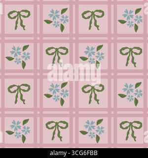 Seamless vector pattern featuring a delicate interplay of olive green bows and light blue floral bouquets, arranged within a soft pink grid for a char Stock Vector