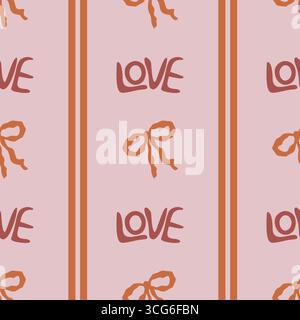Seamless vector pattern with abstract bows and LOVE lettering in terracotta and dusty rose colors, featuring vertical stripes for a unique and stylish Stock Vector
