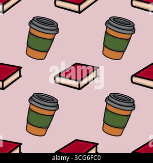 Seamless vector pattern featuring stylized illustrations of coffee cups and books, perfect for autumnal designs, with a muted pink background and bold Stock Vector