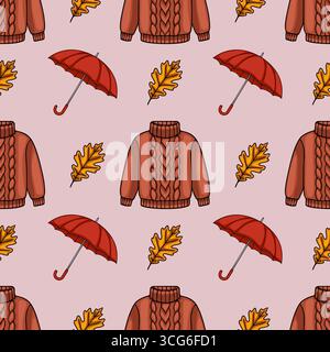 Seamless vector pattern featuring autumnal elements a red umbrella, a warm brown cable knit sweater, and falling oak leaves on a soft pink background, Stock Vector