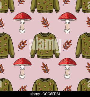 Seamless vector autumn pattern featuring a cozy olive green sweater with leaf details, vibrant red toadstools, and autumnal branches, perfect for fall Stock Vector