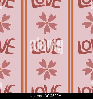 Seamless vector pattern with stylized LOVE lettering and abstract floral elements, featuring terracotta and blush pink hues on a pale pink background, Stock Vector