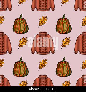 Seamless vector pattern featuring autumnal elements cozy cable knit sweaters, striped pumpkins, and falling oak leaves on a pale pink background, idea Stock Vector
