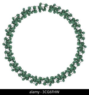 Elegant vector round frame with detailed teal eucalyptus leaves, perfect for wedding invitations, greeting cards, or botanical designs. Stock Vector