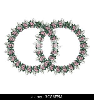 Elegant vector illustration of two intertwined oval frames adorned with delicate pink and white flowers and lush green leaves, perfect for wedding inv Stock Vector