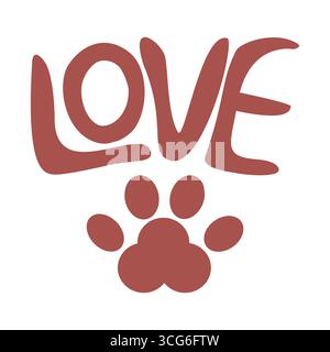 A unique vector illustration featuring a stylized LOVE wordmark in a terracotta hue, playfully complemented by a paw print beneath, suggesting affecti Stock Vector