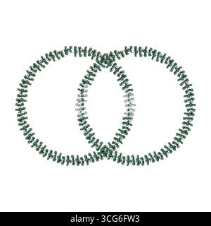 Elegant vector illustration of two intertwined eucalyptus wreaths, creating a unique frame with a delicate, hand drawn style and teal green leaves on Stock Vector