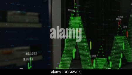 Displaying 3D green waveform fluctuating on trading app with candlestick, vertical bars and numbers Stock Photo