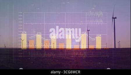 Displaying semi-transparent bar chart with overlaid line graph and numeric data among wind turbines Stock Photo