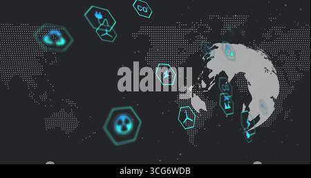 Displaying half Earth globe floating on dashboard, with hex icons and dotted world map, copy space Stock Photo