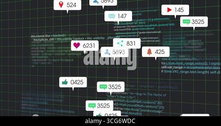 Displaying notification bubbles featuring social icons and counts over virtual code grid dashboard Stock Photo