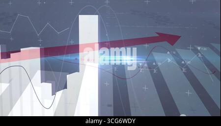 Rising red arrow moving upward through white 3D bar charts in analytics dashboard, with wavy line Stock Photo