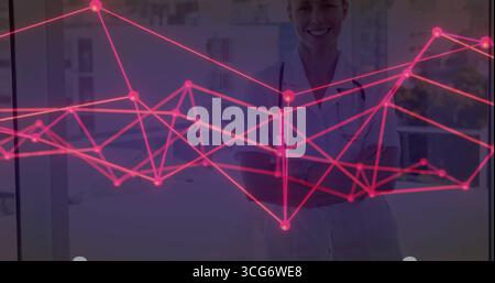 Displaying female doctor standing with white coat and stethoscope in office with pink graph overlay Stock Photo