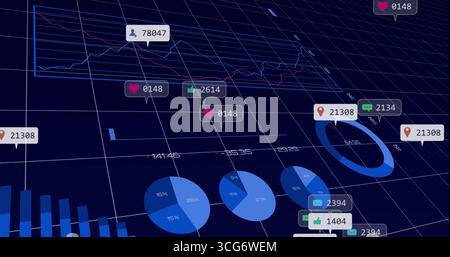 Displaying 3D dashboard on grid plane with multi-line graph, pie charts and social media icons Stock Photo
